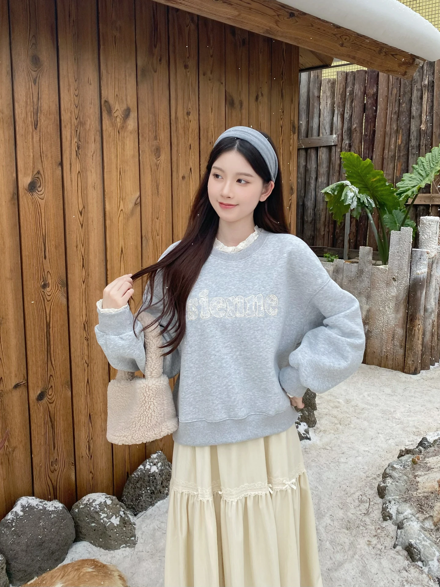 

MOBAI Lazy Sle Oversized Hoodie Winter Top Embroidered Lace Trim Fce Lined Thiened round Ne Pullover Sweatirt