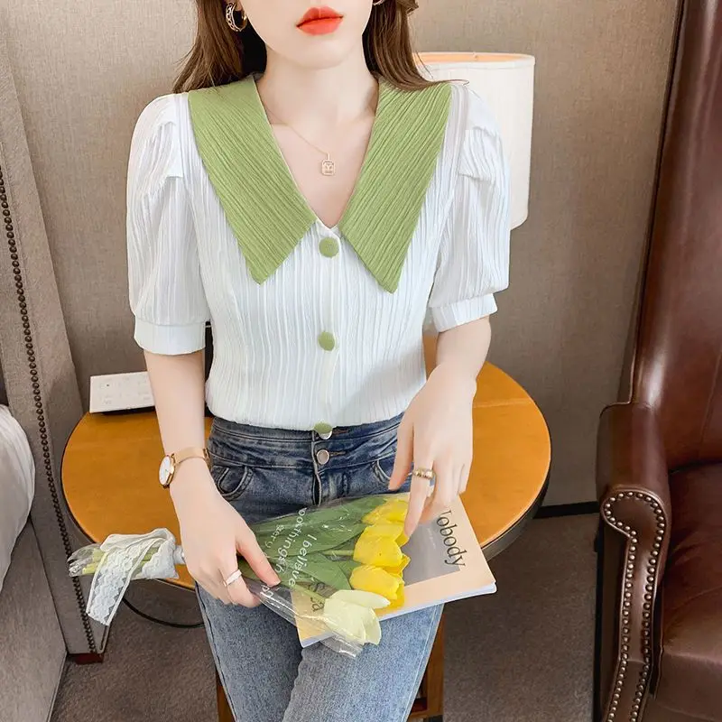 Sweet Contrast Shirt Tops Summer New Short Sleeve Solid Doll Neck All-match Cute Button Blouse Fashion Korean Women Clothing