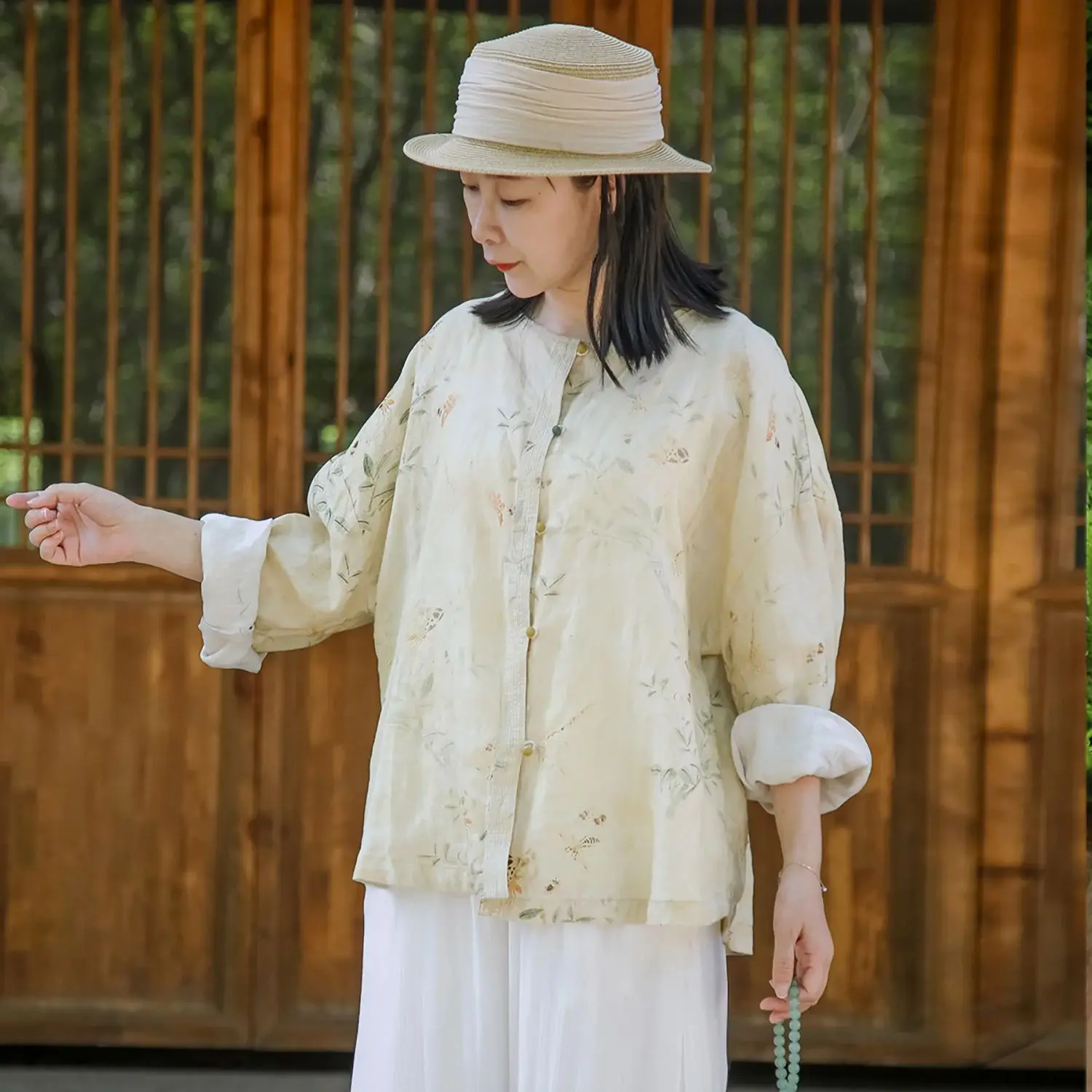 

LZJN Весенне-летняя льняная свободная рубашка в стиле ретро с принтом, новыми длинными рукавами в китайском стиле и элегантным открытым передом в китайском стиле