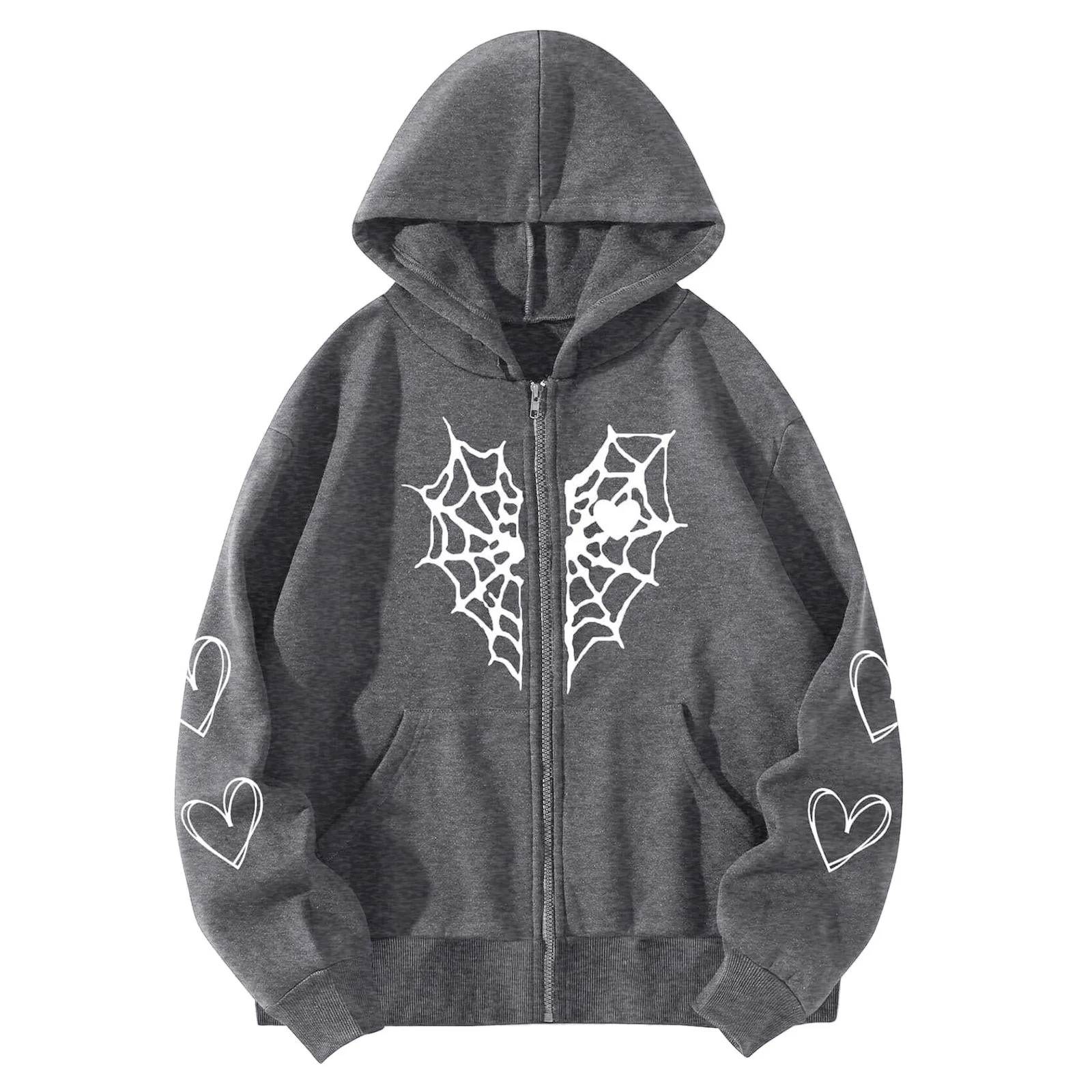 Y2K Women Harajuku Zip Up Hoodie Spider Web Graphic Streetwear Loose Hoodie Sweatshirt Fashion Gothic Jacket Top 2000s Clothing