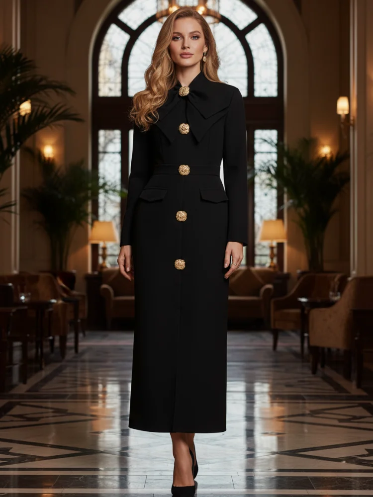 Freeacy Women\'s Formal Evening Dress Bow Tied Buttoned Long Sleeve Slim Fit Ankle-length Dress 2025 Female Fashion Party Dresses