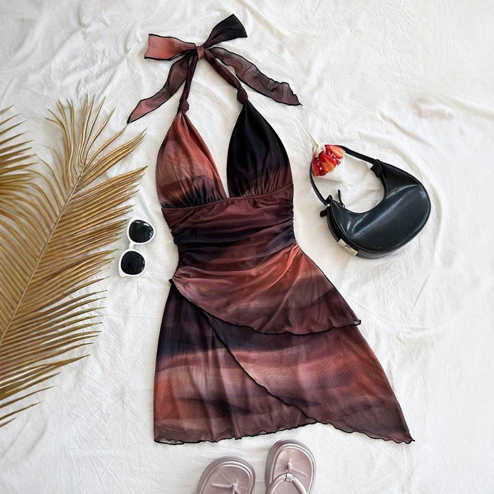 Vestidos Primavera Verano Moda Sexy Bowknot Sin Mangas Halter Cuello Mini Vacaciones Cami Vestidos Para Mujeres