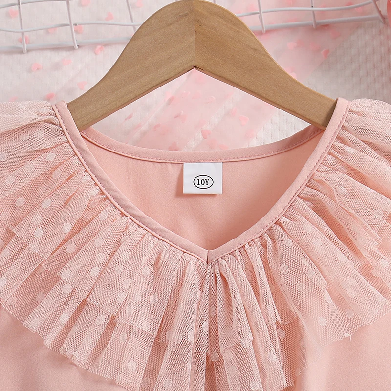 Kids Dress For Girls Pink Lace V-Neck Tulle Dress & Detachable Belt Sweet Princess Style  Birthday Party Children Daily Clothes