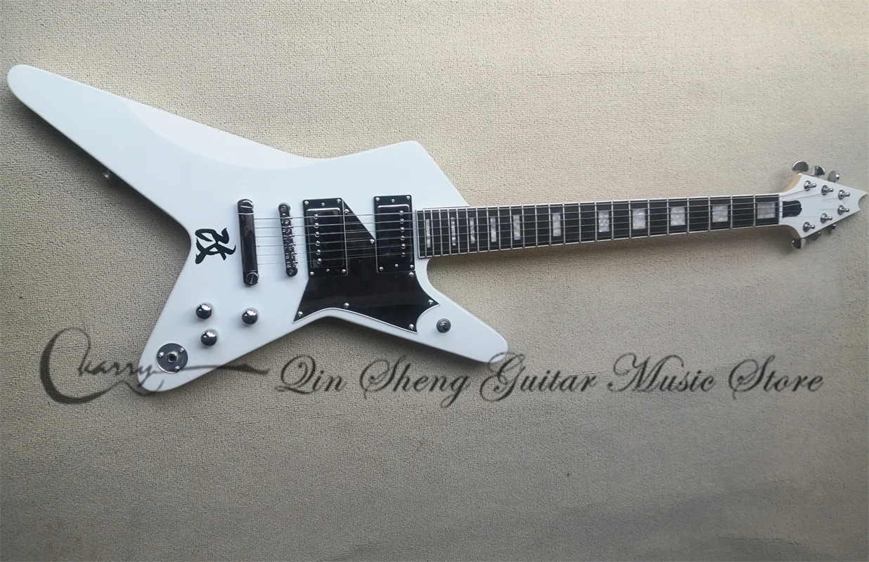 White Electric Guitar Neck Set In Body Fixed Bridge Rosewood Fingerboard Shell Inlay Active Battery