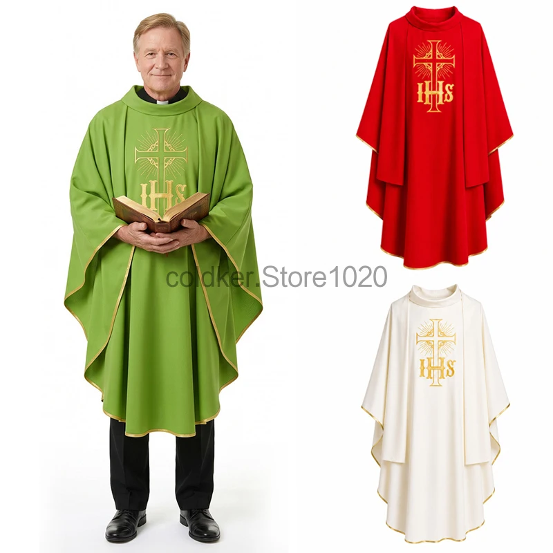 Costume de Prêtre Médiéval 3 Couleurs, Robe de Moine d'Église Imprimée Croix, Robe de Ministre du Christ, Cape de Clergé pour Halloween