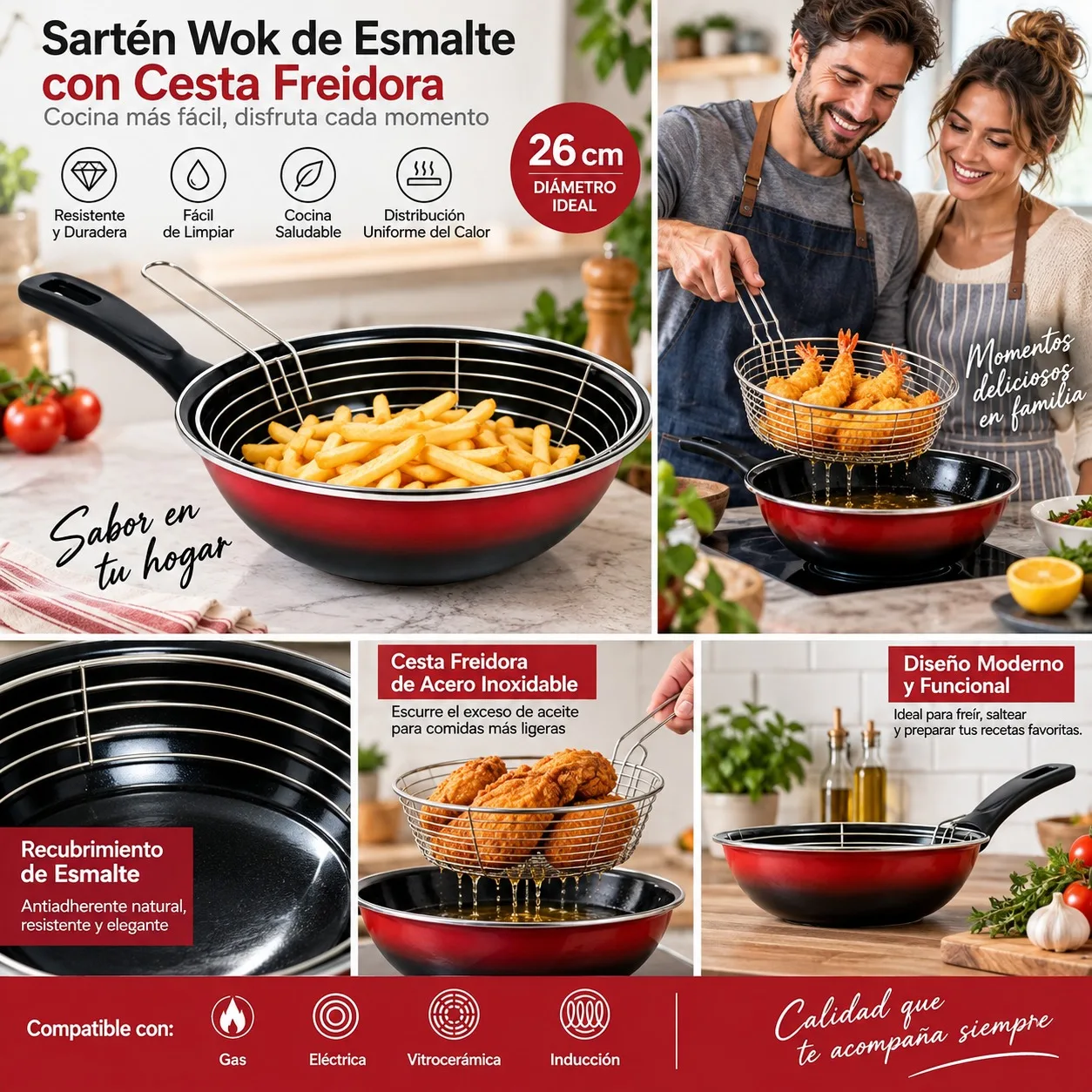 Sartén Wok de Esmalte 26 cm con Cesta Freidora Extraíble, Apta para Inducción, Gas y Vitrocerámica, Recubrimiento Antiadherente para Cocina Versátil, Duradera y Eficiente