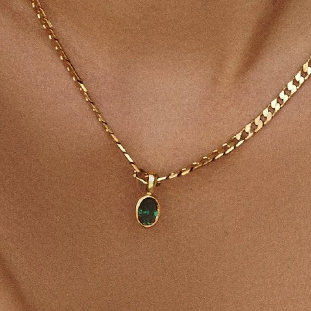 Dainty Stainless Steel Oval Multi-color Natural Stone Pendant Necklace for Women 18k Gold Plated Cuban Chain Necklaces Jewelry