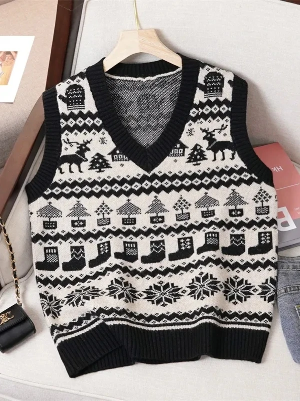 Women's Knitted Short Vest Loose V-Neck Pullover Sweater Top Trendy Spring Autumn Fashion Casual Comfortable Floral Pattern