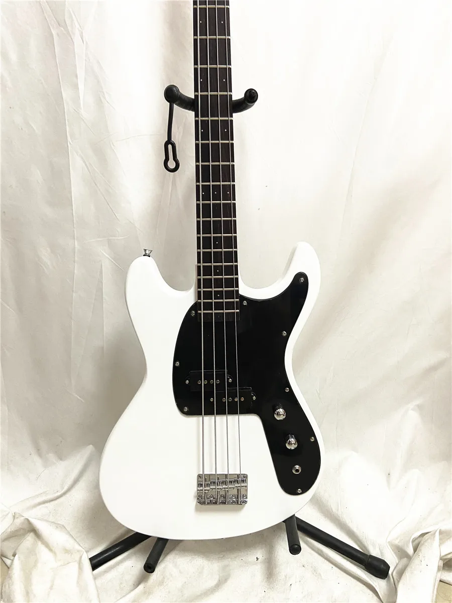 High quality custom version 4 string electric bass white chrome plated accessories black guard plate