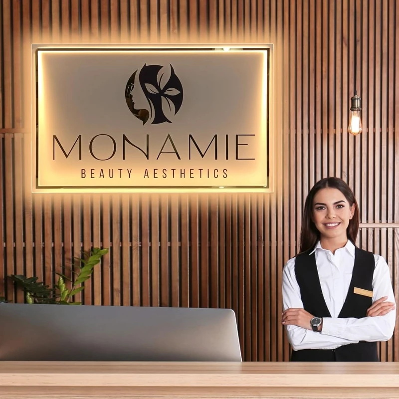 Customized square acrylic sign sign, metal backlit LED lights for beauty salons,nail salons,cafes,bars,boutiques not waterproof
