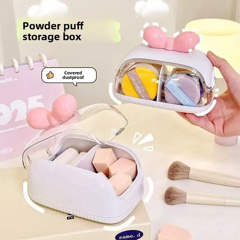 Estuche de almacenamiento de huevos de belleza con tapa, tocador a prueba de polvo, lápiz labial, cojín de aire, compartimento para estante, organizador portátil para esponjas de polvo