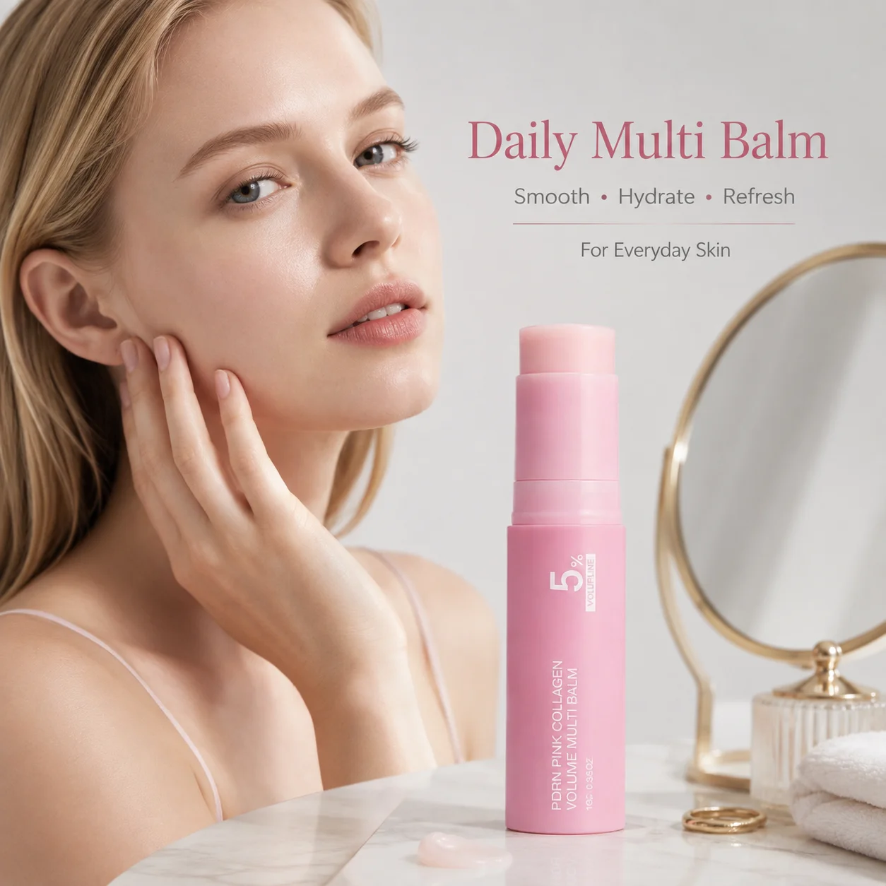 Multi Balm Stick 10g For Facial Moisture And Natural Looking Radiance With PDRN And Collagen In A Pink Tube With Matching Box