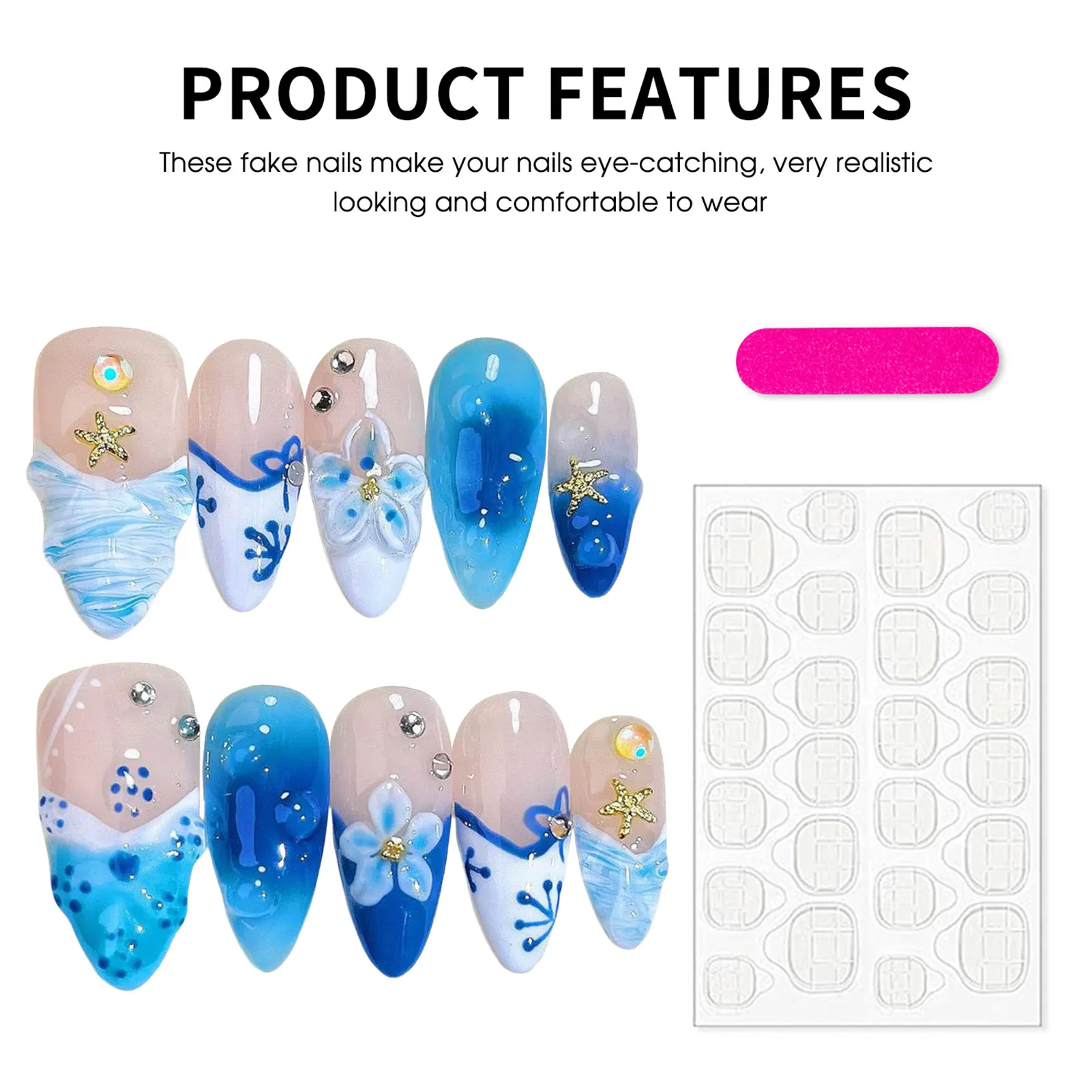 Presse sur les ongles acyrliques bleu Blush sculpté à la main faux ongles avec décor de fleur en cristal amande bleu blanc français faux ongles Art
