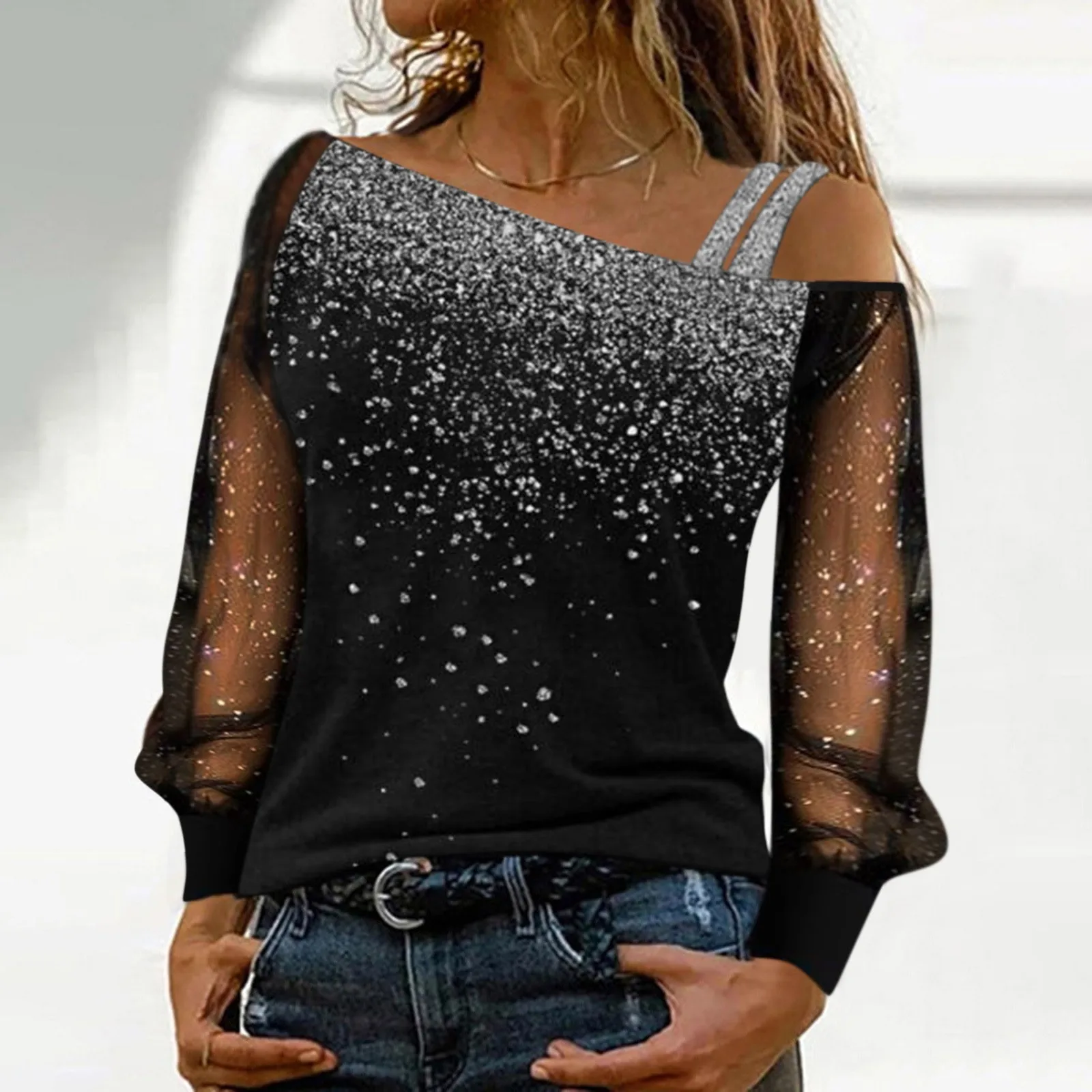 Fashion Sequin Mesh Blouse Shirt Loose Sexy One Shoulder Skew Collar Tops Casual Blouse Female Women Long Sleeve Blusas Pullover