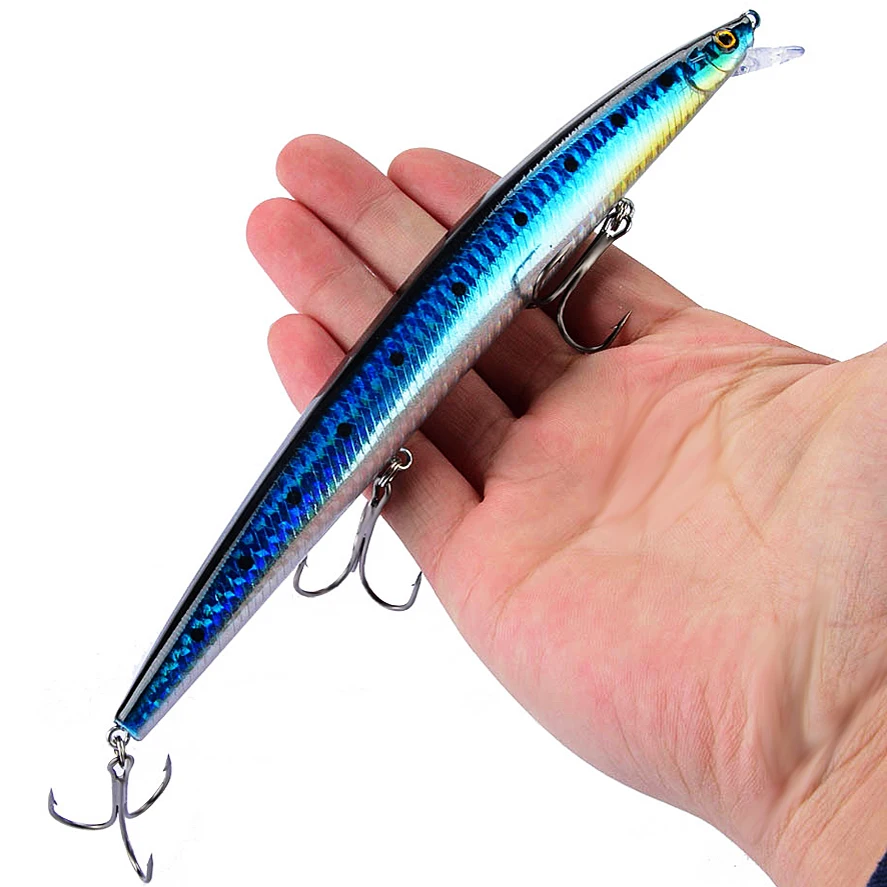 베스트 셀러 1 pcs 18 cm 24g 큰 긴 물고기 minnow 바다 낚시 미끼 미끼 3d 눈 강한 후크 바다 낚시에 대 한 유혹 