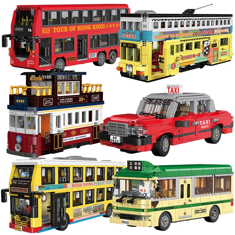 

Technical MOC City Classic Double-decker Bus Taxi Car Mini Size Building Blocks DIY Retro Bus Tram Bricks Toys For Kids Gifts