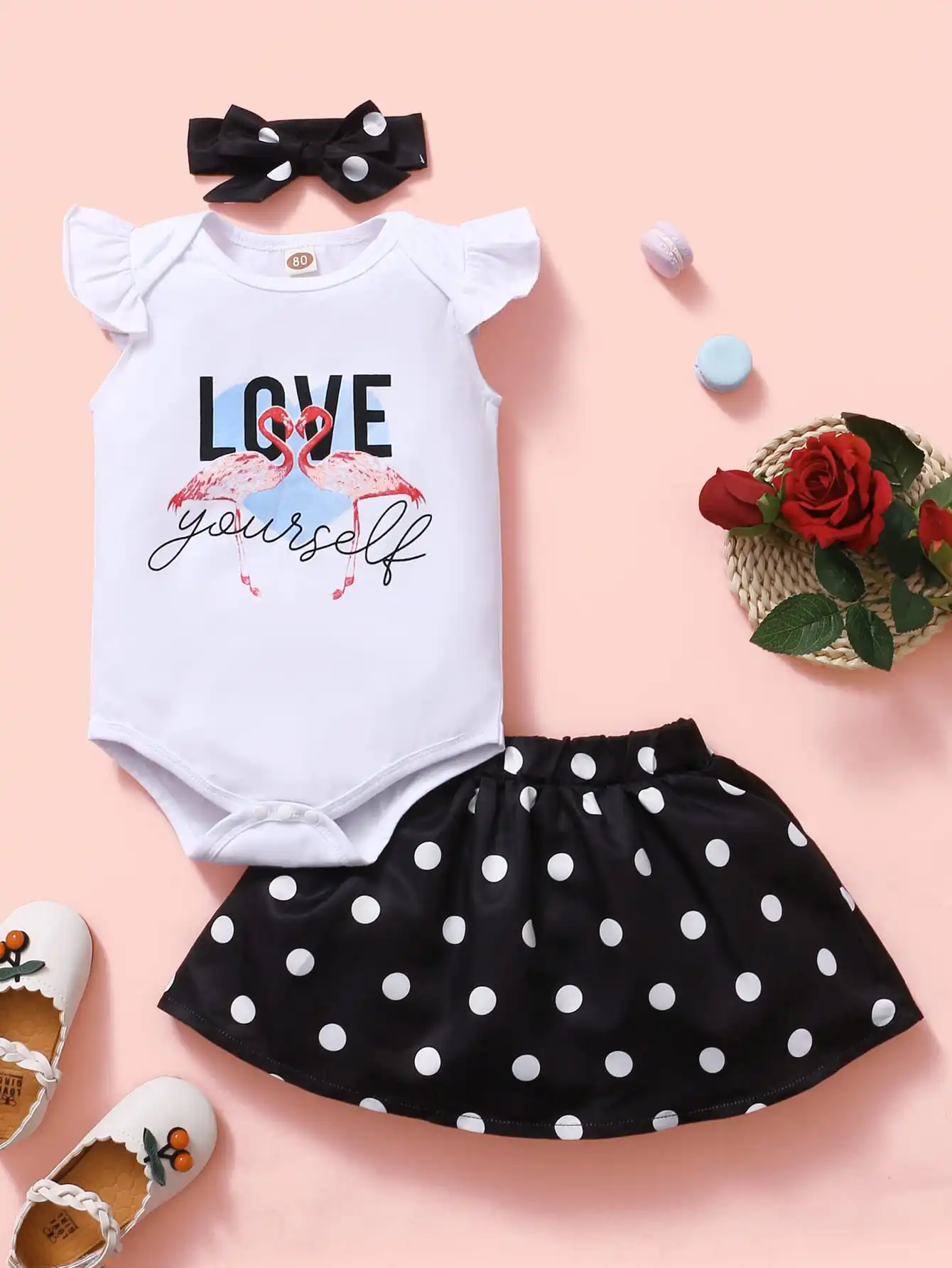 

Комплект для девочек в западном стиле, простая белая треугольная юбка в горошек, с круглым вырезом и рукавами-фонариками, винтажная черная повязка на голову с бантом