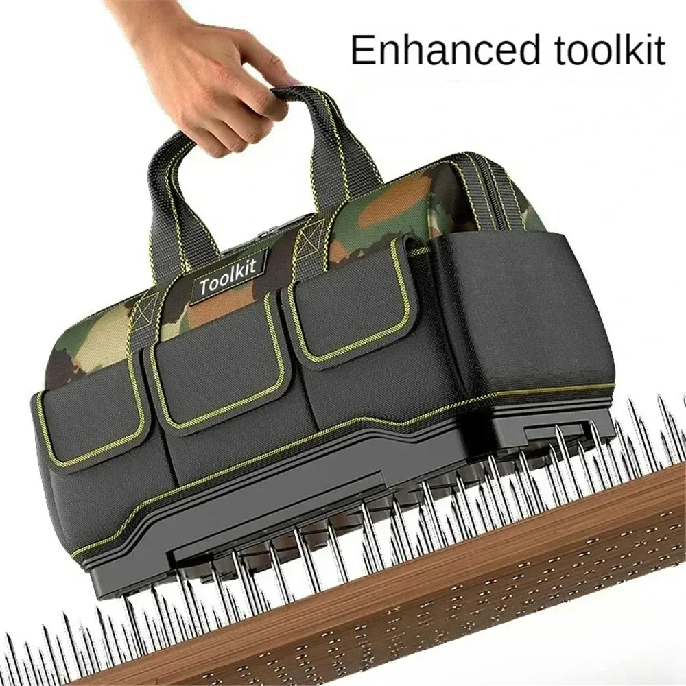 Camouflage Electrician Tool Bag with Plastic Bottom Multiple Pockets Waterproof Wear-resistant Strong Tool Storage Toolkit