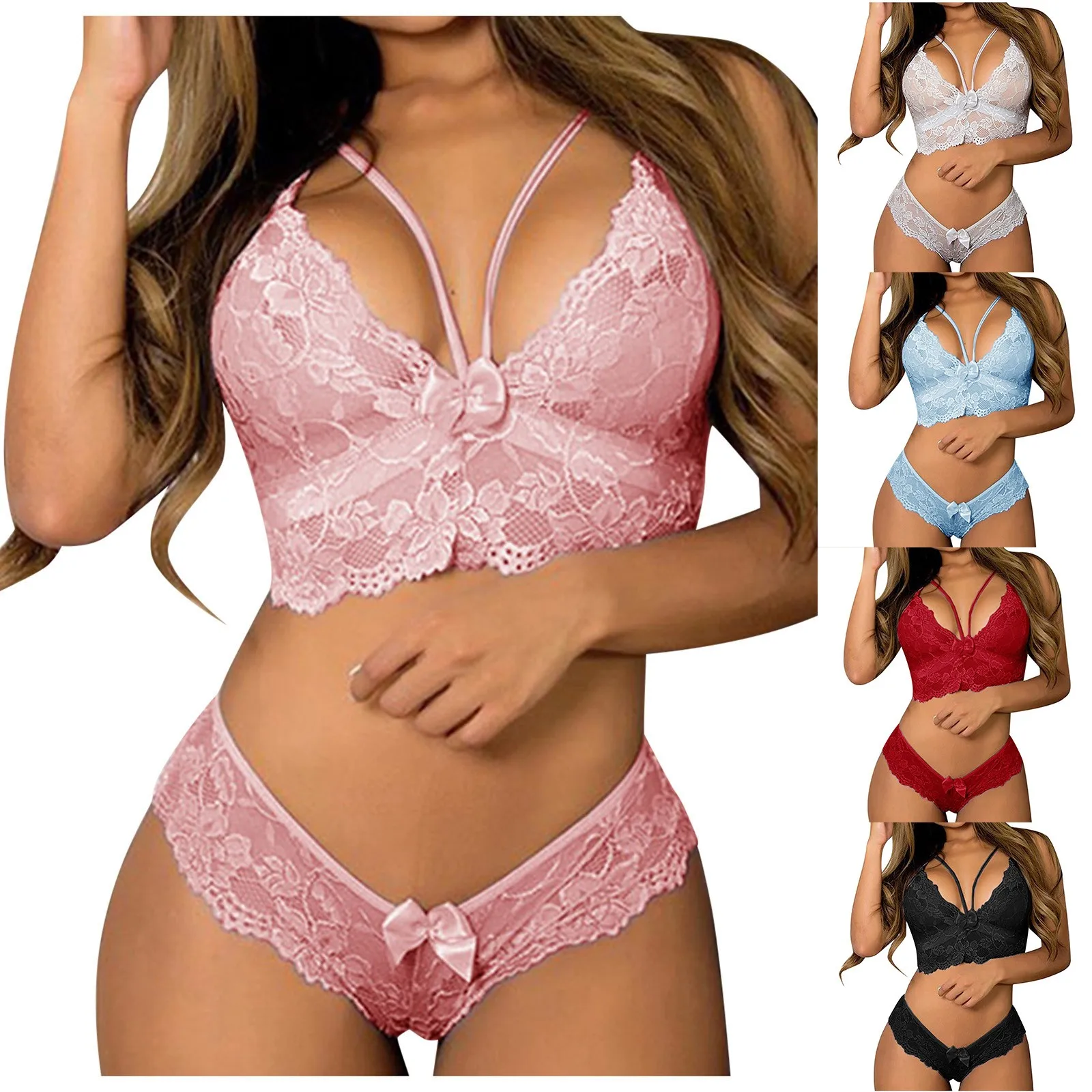 Ladies Strap Lace Crochet Cutout Teddy Lingerie Embroidery Gauze Underwear Push Up Bra Sexy Lingerie Set Lenceria Sensual Mujer