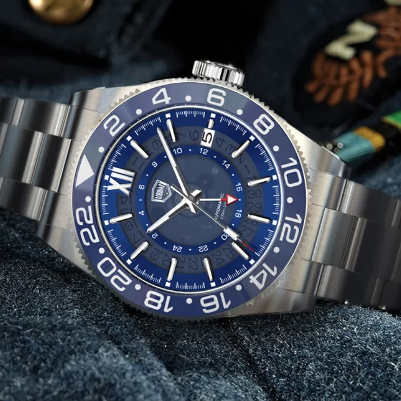 LOBINNI Men Automatic Watch 40mm GMT Mechanical Wristwatch Luminous 50M Waterproof Sapphire Mirror NH34 Ceramic Bezel