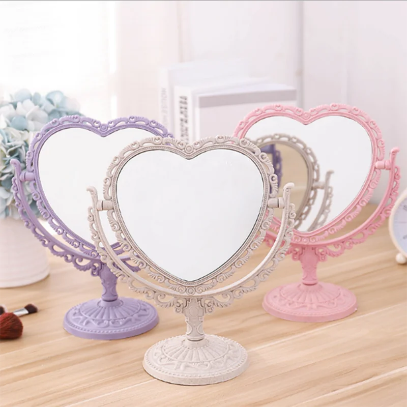 Heart Shaped Makeup Mirror Vintage European Style Acrylic Single Side Makeup Mirror 360 Degree Swivel Desktop Makeup Tools