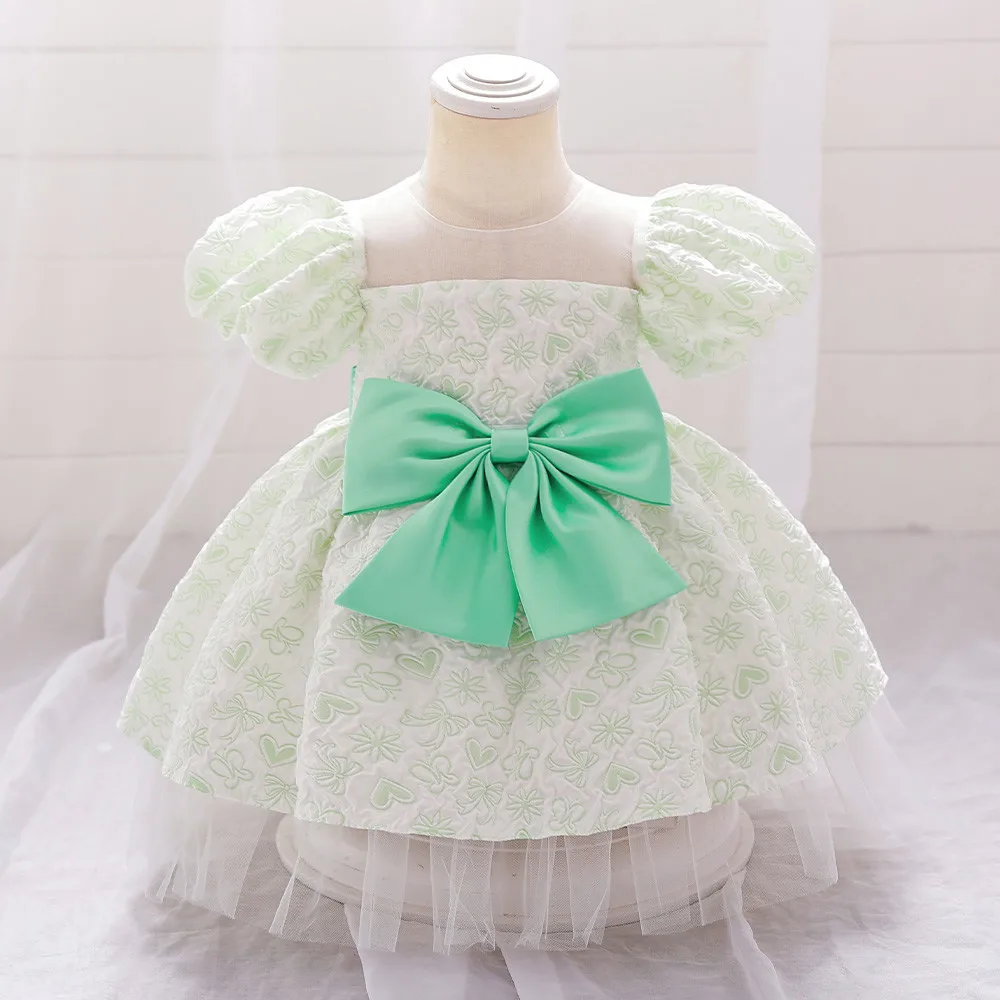 

Baby Girl Bow 1st Birthday Party Princess Dress Tulle Wedding Bridesmaid Prom Gown For Toddler Kids Infant Bubble Sleeve Clothes