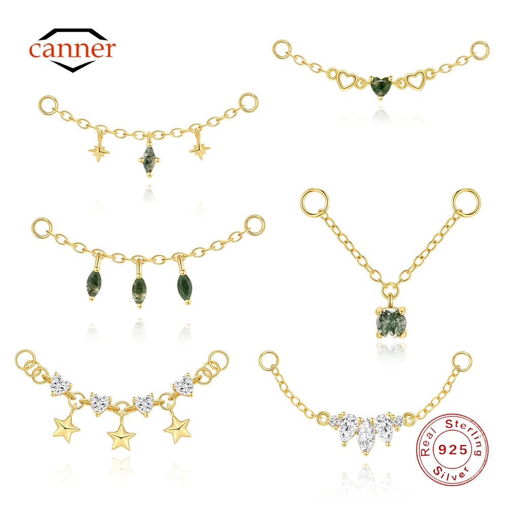 

CANNER 1PC Natural Water Grass Agate Eight Pointed Star 925 Sterling Silver Piercings Chain Charm Earrings Chain Accessories