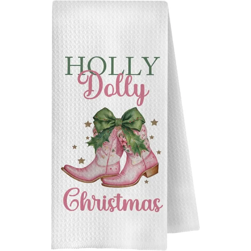 1-Pack, Western Christmas Kitchen Towel, Pink and Green Cowboy Boots Pattern