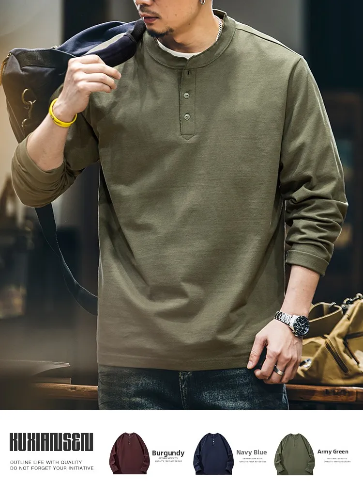 Loose Fit Long Sleeve Pure Cotton Henry Collar T-Shirt Men's Fashion Casual Style Breathable Comfortable Youth Popular Spring...