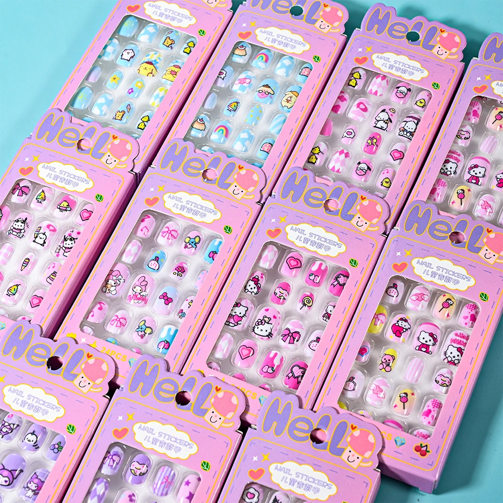 24 Stuks Miniso Cartoon Kinderen Nail Patch Kawaii Nep Nagels Verwijderbare Handgemaakte Slijtage Nagel Prachtige Accessoires Cadeau Voor Meisjes *