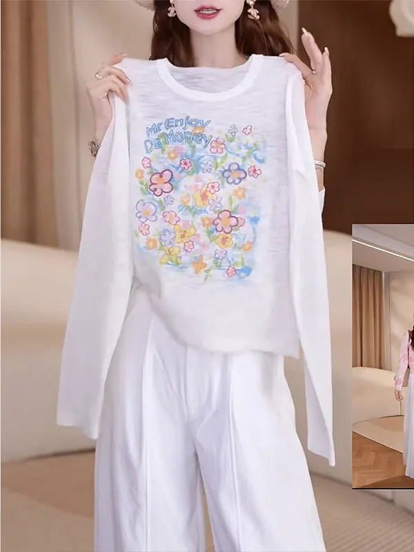 Camiseta de manga larga con estampado de flores blancas para mujer, top de verano para aire acondicionado, informal, holgado,...