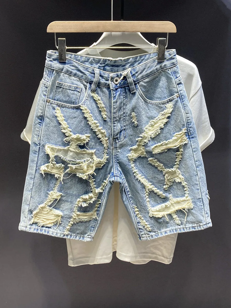 

American Style Loose Men's Denim Shorts with Ripped And Frayed Edges for Summer Straight Leg Personality Cool Five-Point Mid-...