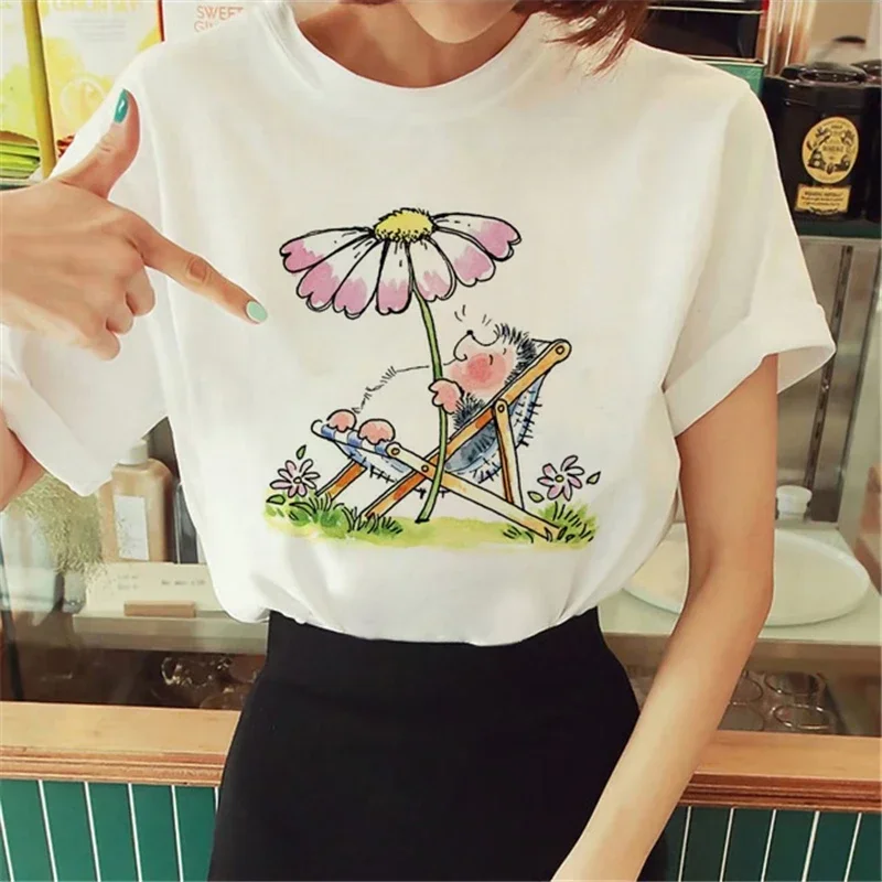 Cute Women T Shirt 2024 Cartoon Hedgehog Print Tops Tshirt femme Graphics Korean Fashion Harajuku Streetwear Ladies Tee shirt