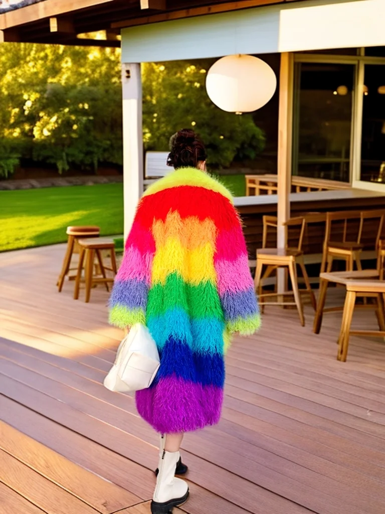 Lady Colorful Faux Fur Coat Contrast Color Lapel Jacket Female Shaggy Outerwear Streetwear Winter Women Performance Costume