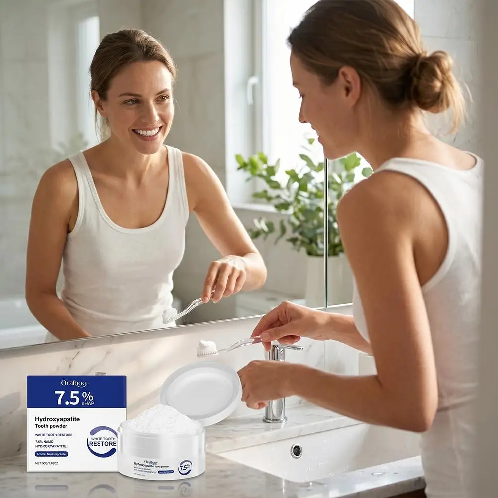 Polvo Blanqueador Dental Oralhoe de 50g Sin Flúor, Limpieza Profunda, Elimina Manchas Amarillas, Repara el Esmalte, Refr