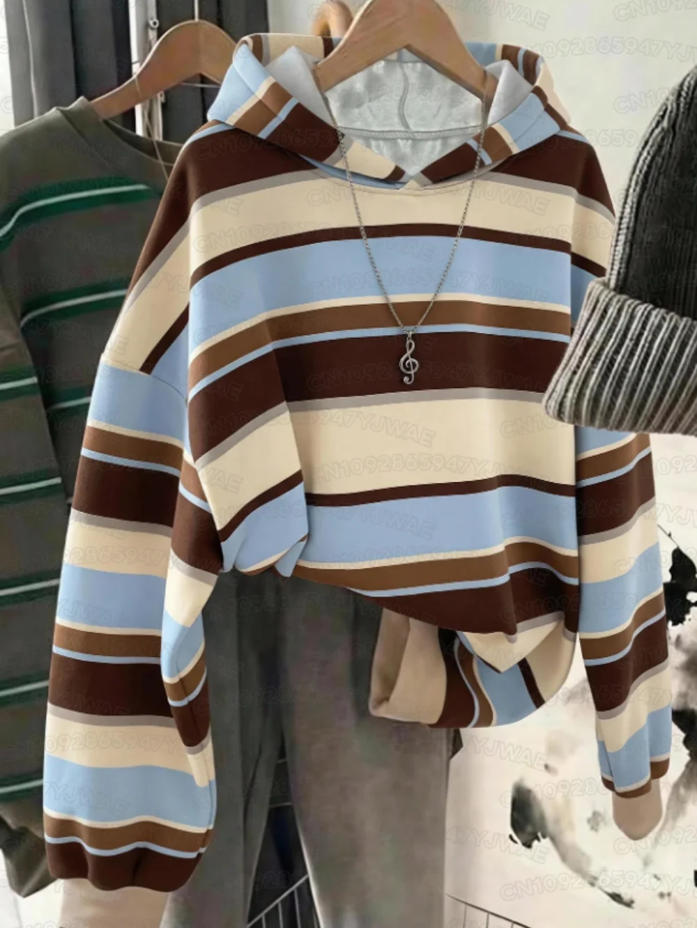 Herbst- und Winter-Hoodie für Damen und Herren, Colorblock, lässig, für den Alltag, mit Streifenmuster, Y2K-Sweatshirt – Detail 4