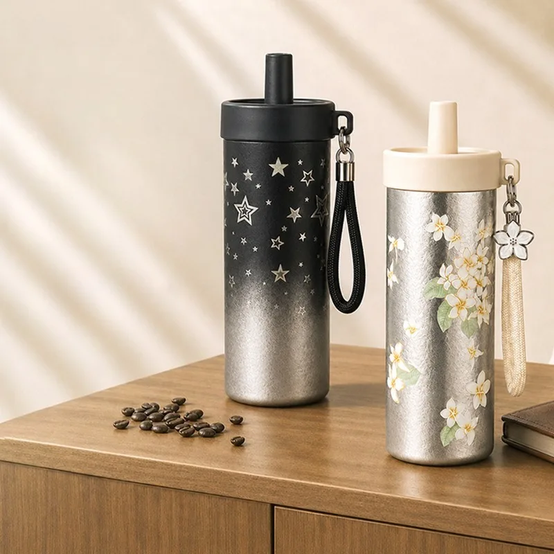 Elegant Large‑Volume Pure Titanium Coffee Cup Straw Design Vacuum Insulated Mug Fashion Drink Vessel for Ladies