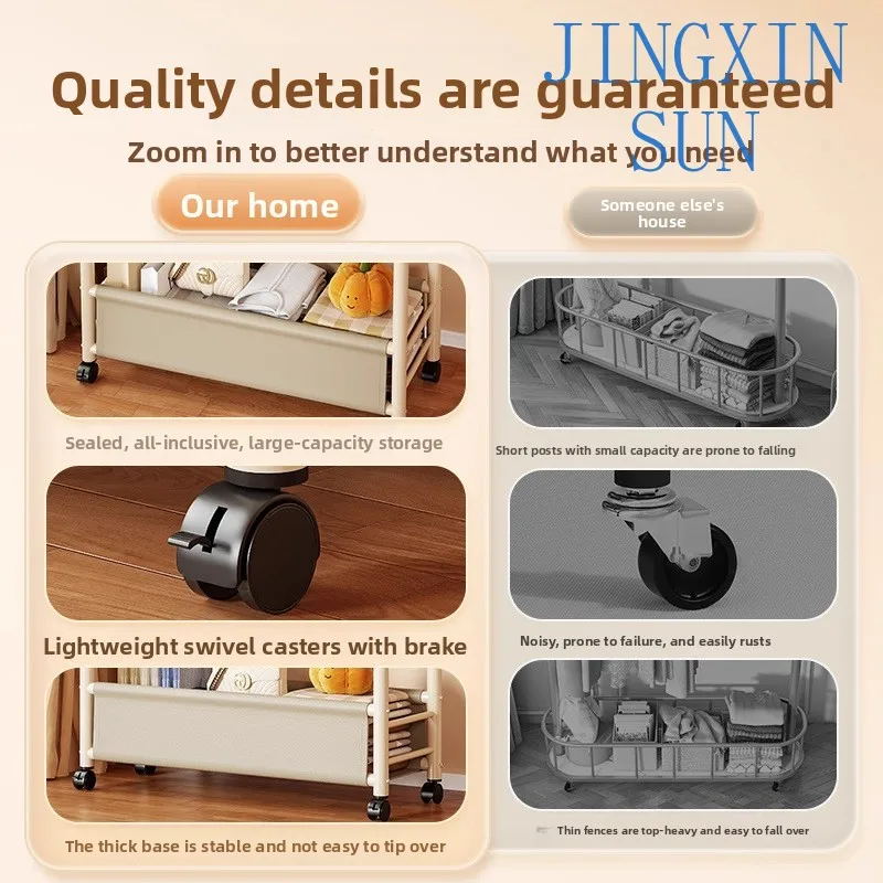 Chinese style floor coat rack metal double-layer storage hanger with wheel mobile drying rack pants