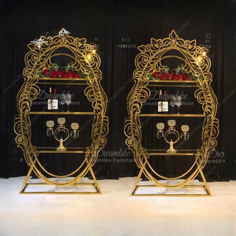 Elegant Stainless Steel and Gold Display Rack Wedding and Event Decor Wooden Panel Style Wine Rack