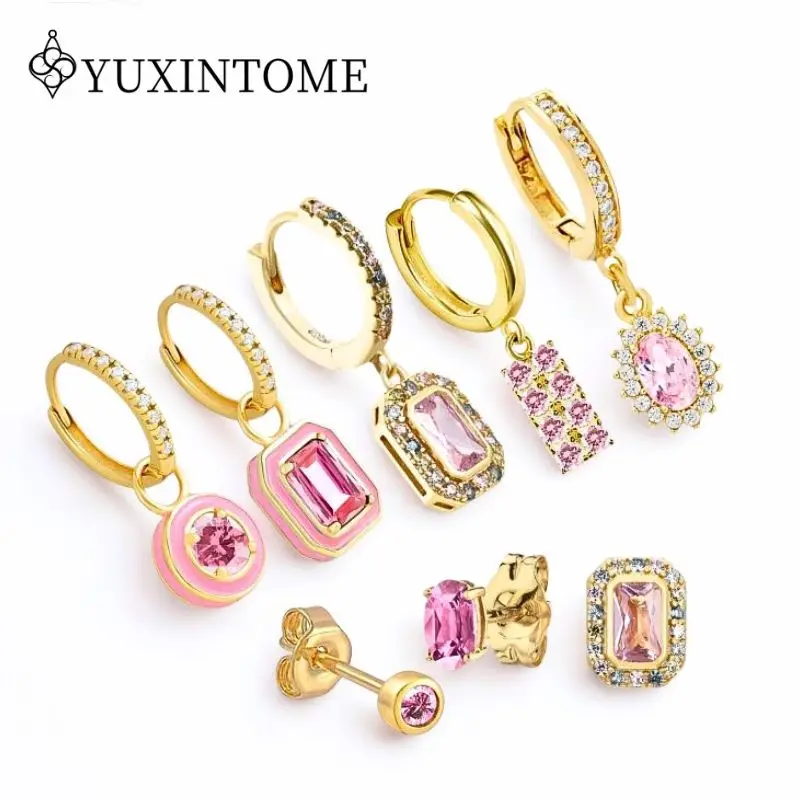 

925 Sterling Silver Ear Needles Geometric Zircon Pendant Hoop Earrings Luxury Pink Crystal Earrings Fashion Party Jewelry Gifts