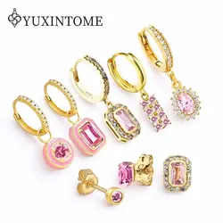 925 Sterling Silver Ear Needles Geometric Zircon Pendant Hoop Earrings Luxury Pink Crystal Earrings Fashion Party Jewelry Gifts