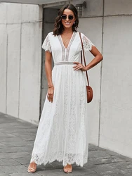 Summer Floral Lace Dress Women Elegant Party White Maxi Dress V Neck Wedding Long Dress Short Sleeve Hollow Out Woman Dress