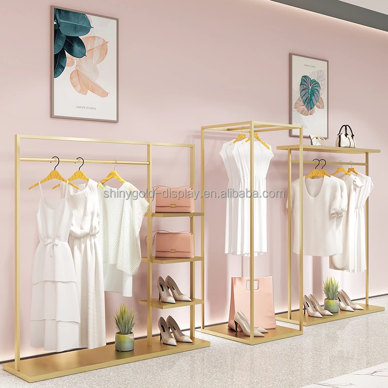 Custom  Boutique Women Cloths Shop Furniture Steel Gold Metal Clothes Stand Clothing Rack Garment Rack with Shelves