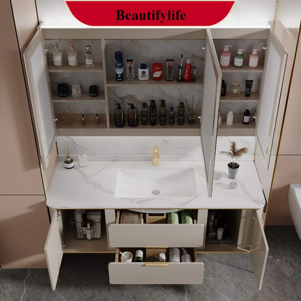 

F185 Light Luxury Solid Wood Modern Simple Smart Stone Plate Bathroom Cabinet Combination Bathroom Washbasin Washstand Wall Cupb