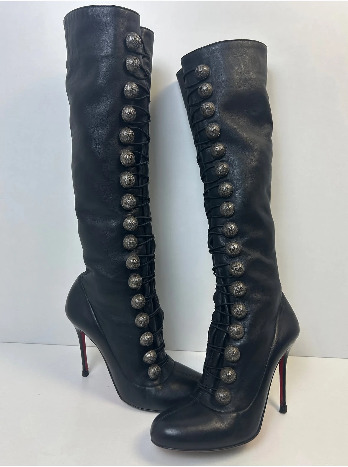 New Fall/Winter Women's Black Knee High Boots Several Metal Button Lace Up Stiletto Heels Gothic Punk Retro Fashion Long Boots