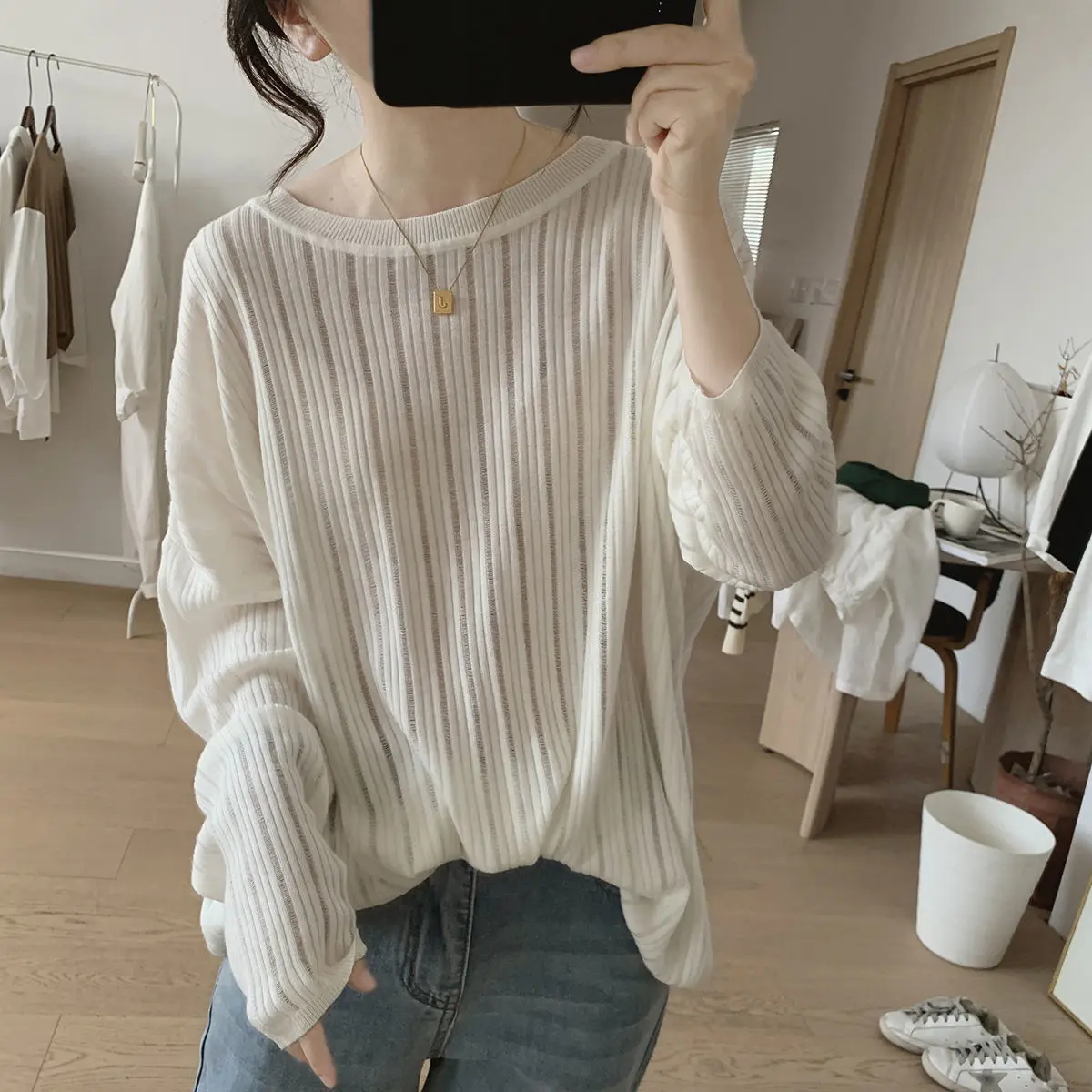 T-Shirts Solid Loose Spring Summer Thin Round Neck Hollow Out Korean Street Casual Women's Clothing 2022 Screw Thread Pullovers