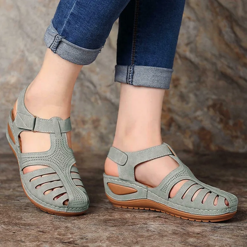 Summer Women Leather Wedge Sandals Premium Orthopedic Open Toe Slippers Vintage Anti-Slip Casual Female Platform Retro Shoes