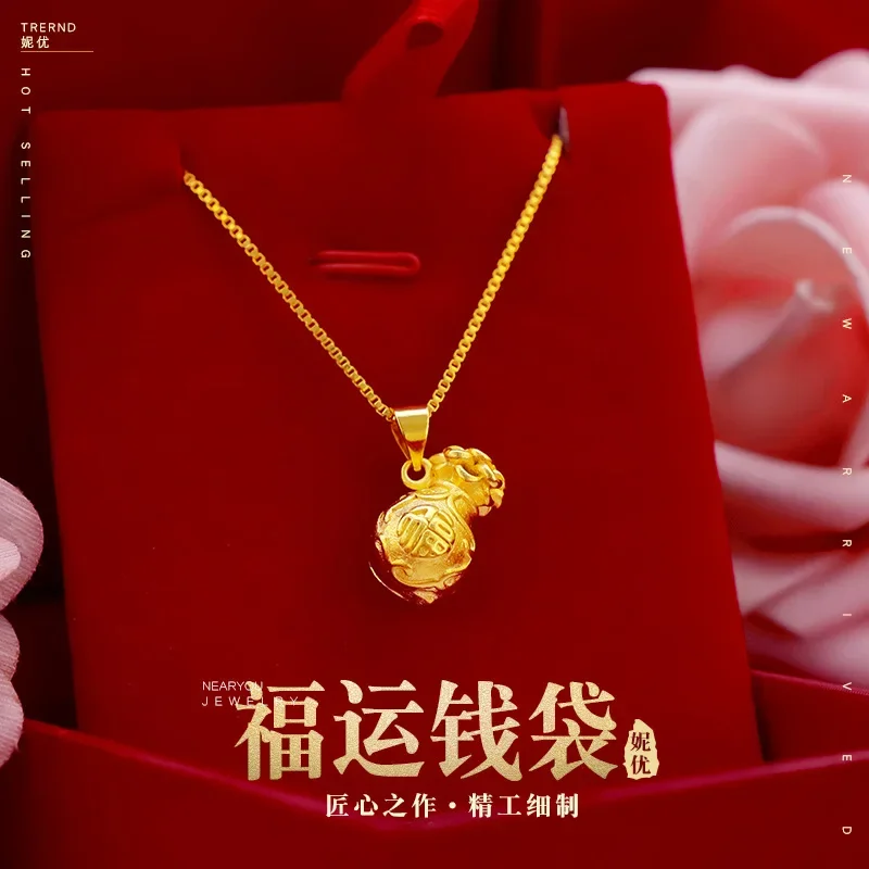 

9999 Real Gold 24K Ancient Money Bag Necklace Solid Goldfish Money Bag Pendant Female