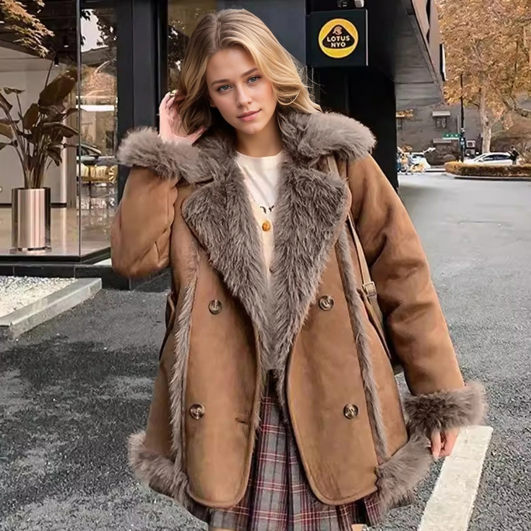 ブラウンの襟付きフェイクファーのジャケット、レザーとファーのゆったりとしたプラッシュコート、スタイリッシュなボタン付きレディースファーリージャケット、冬用暖かいふわふわのアウターウェア