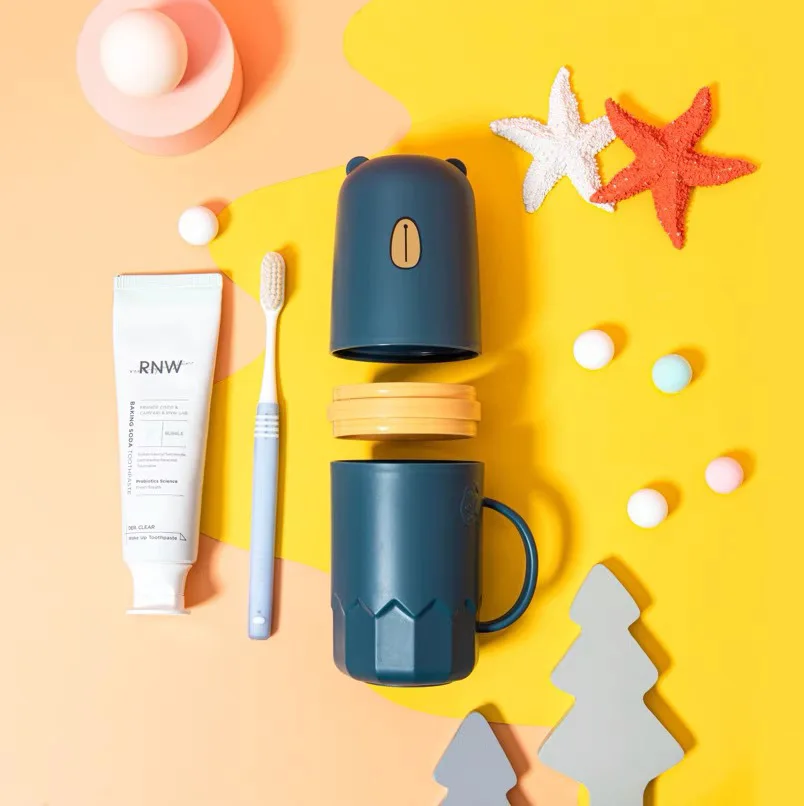 Portable Mouthwash Cup for Home Use, Travel, Little Bear, Straight Tube Creative Dental Kit, Multi Functional Mouthwash Cup.